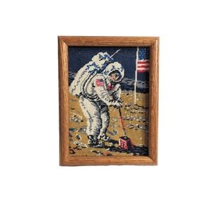 Vintage Hand Stitched Needlepoint Astronaut on Moon NASA Apollo Space Race Art